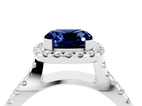 White gold Cushion Cut Blue Sapphire Halo Ring with Split Shank Pavé Band and Prong Setting_4