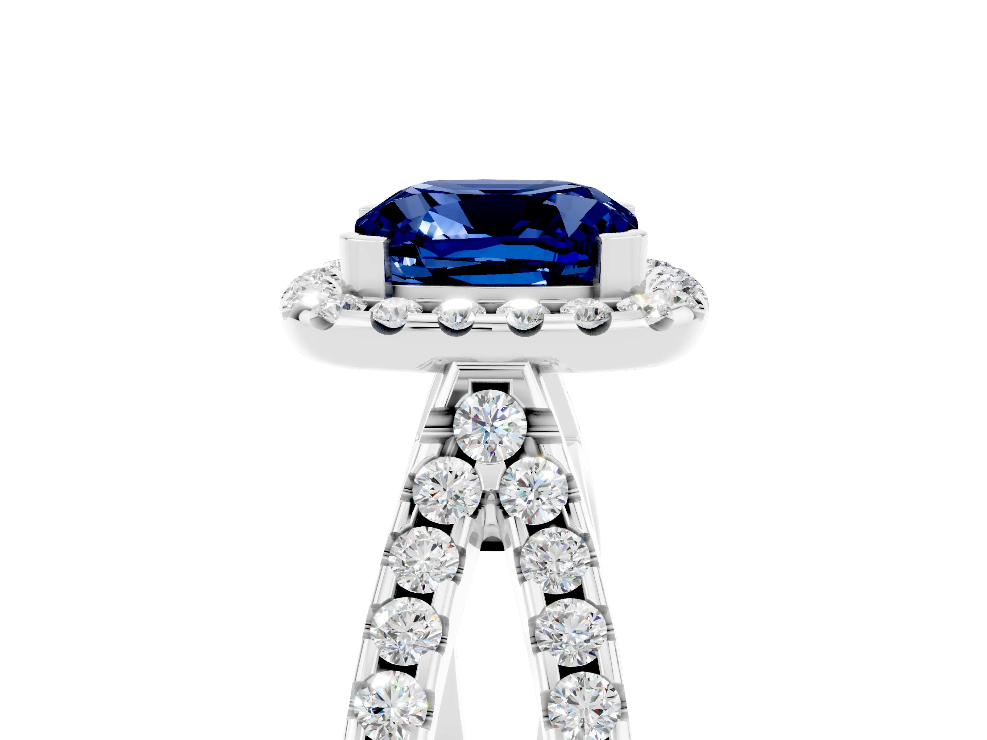 White gold Cushion Cut Blue Sapphire Halo Ring with Split Shank Pavé Band and Prong Setting_5