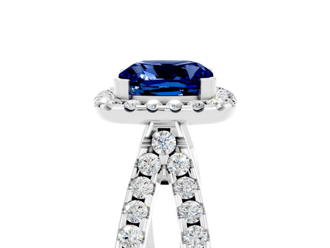 White gold Cushion Cut Blue Sapphire Halo Ring with Split Shank Pavé Band and Prong Setting_5
