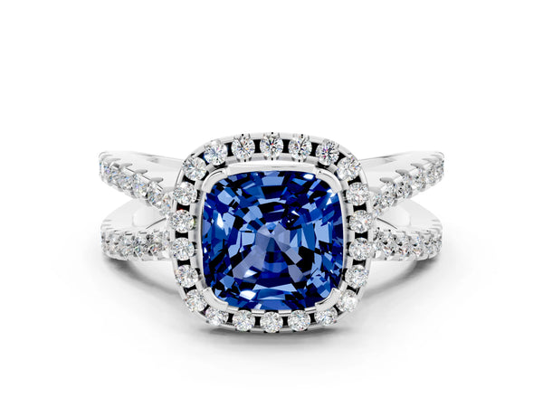 Silver Cushion Cut Blue Sapphire Halo Ring with Split Shank Pavé Band and Prong Setting