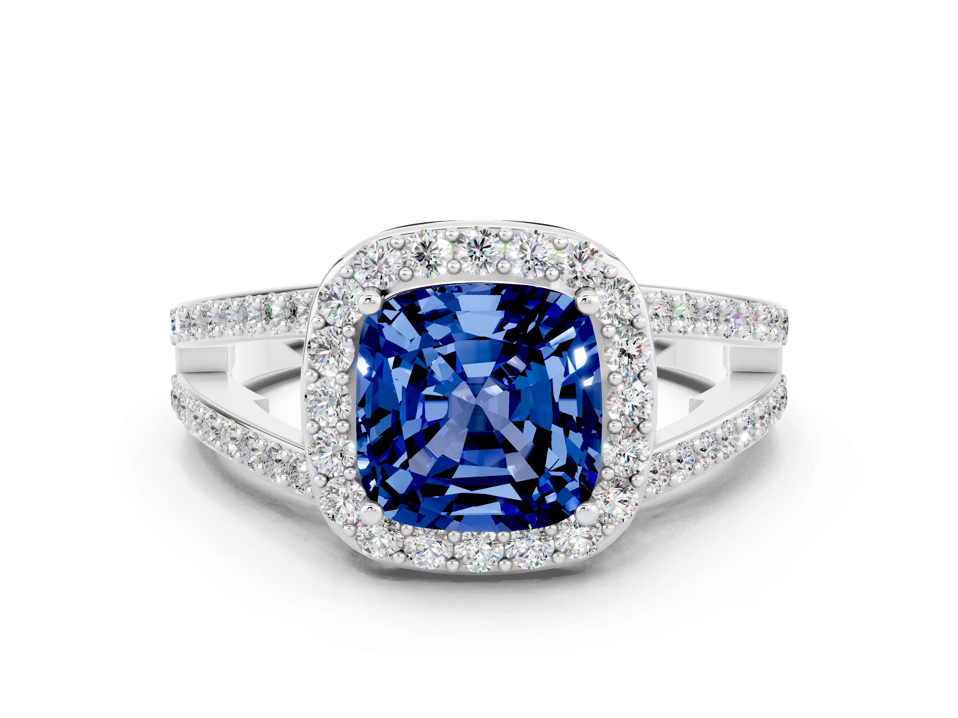 White gold Cushion Cut Blue Sapphire Halo Ring with Split Shank U-Prong Band and Four-Prong Setting
