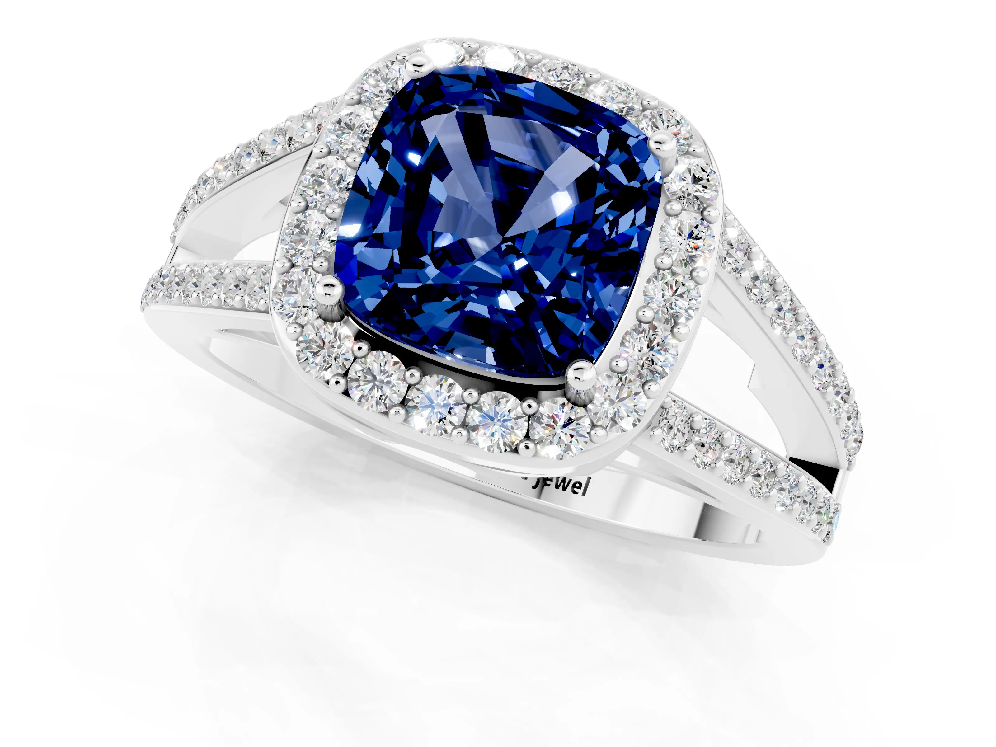 White gold Cushion Cut Blue Sapphire Halo Ring with Split Shank U-Prong Band and Four-Prong Setting_1