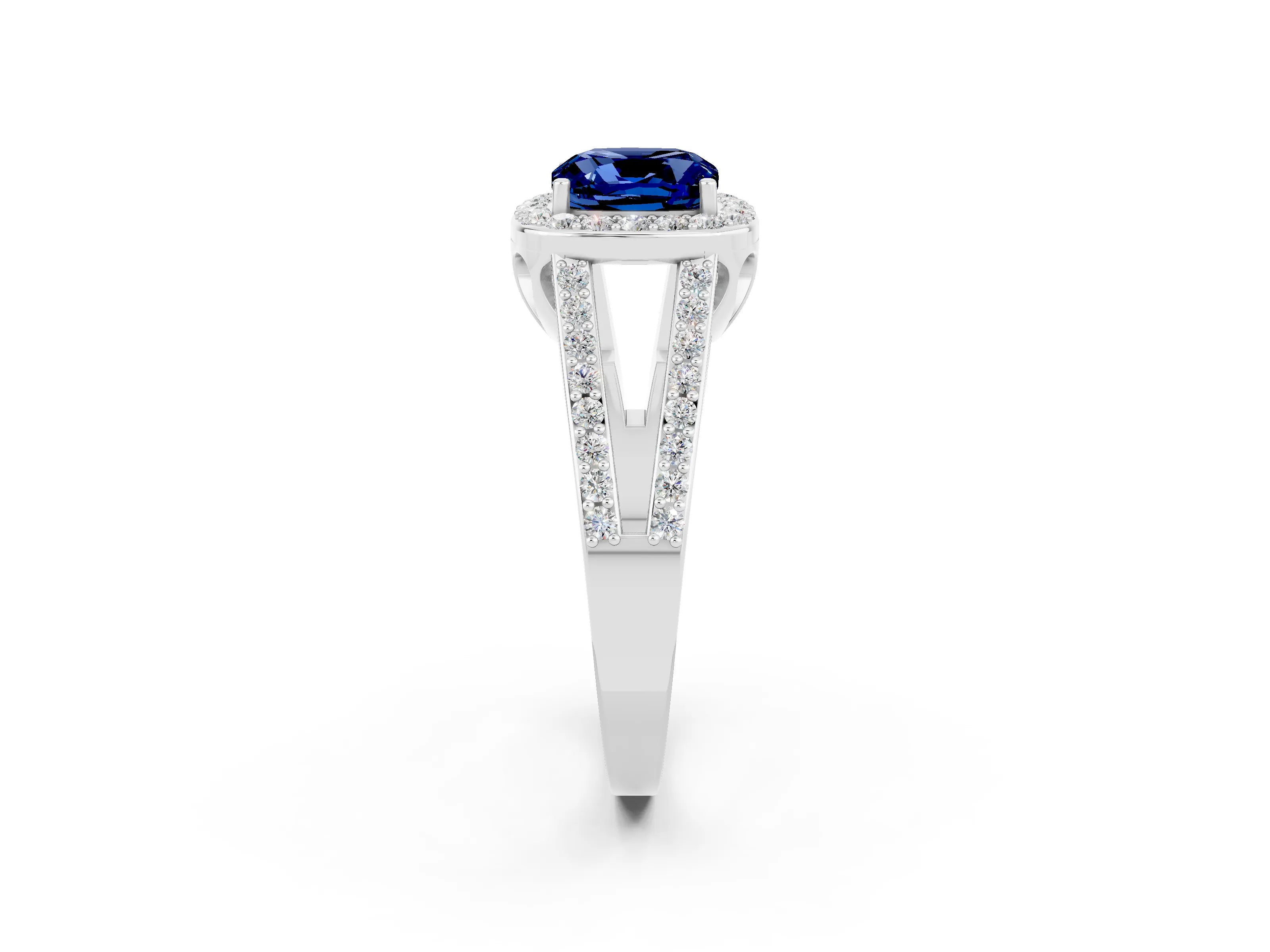White gold Cushion Cut Blue Sapphire Halo Ring with Split Shank U-Prong Band and Four-Prong Setting_2