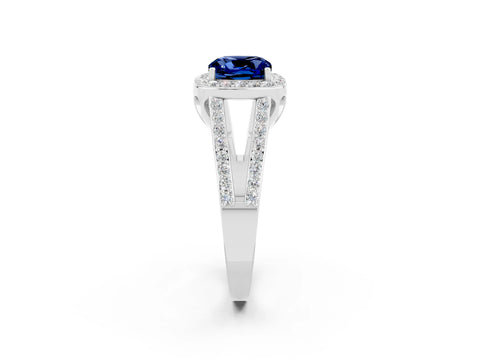 White gold Cushion Cut Blue Sapphire Halo Ring with Split Shank U-Prong Band and Four-Prong Setting_2