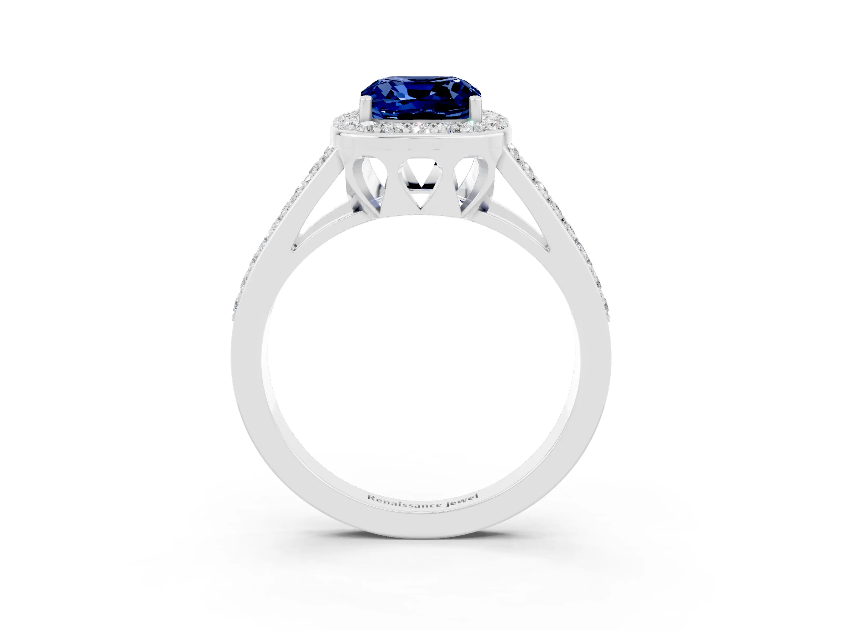 White gold Cushion Cut Blue Sapphire Halo Ring with Split Shank U-Prong Band and Four-Prong Setting_3
