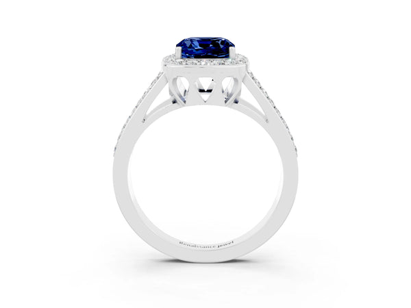 Silver Cushion Cut Blue Sapphire Halo Ring with Split Shank U-Prong Band and Four-Prong Setting