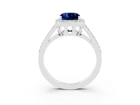 White gold Cushion Cut Blue Sapphire Halo Ring with Split Shank U-Prong Band and Four-Prong Setting_3