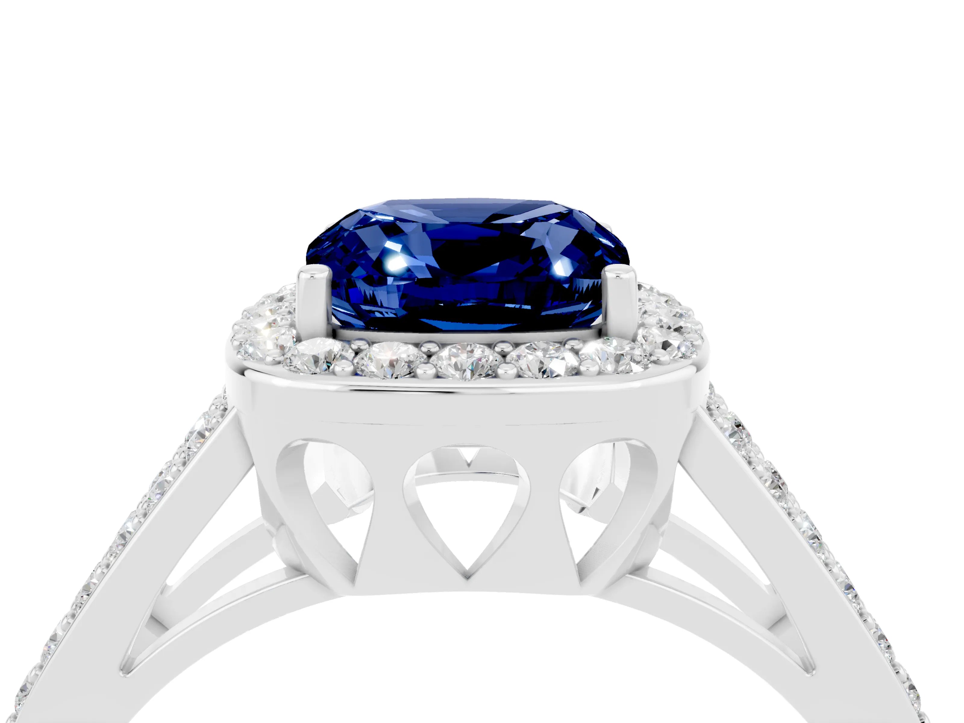 White gold Cushion Cut Blue Sapphire Halo Ring with Split Shank U-Prong Band and Four-Prong Setting_4