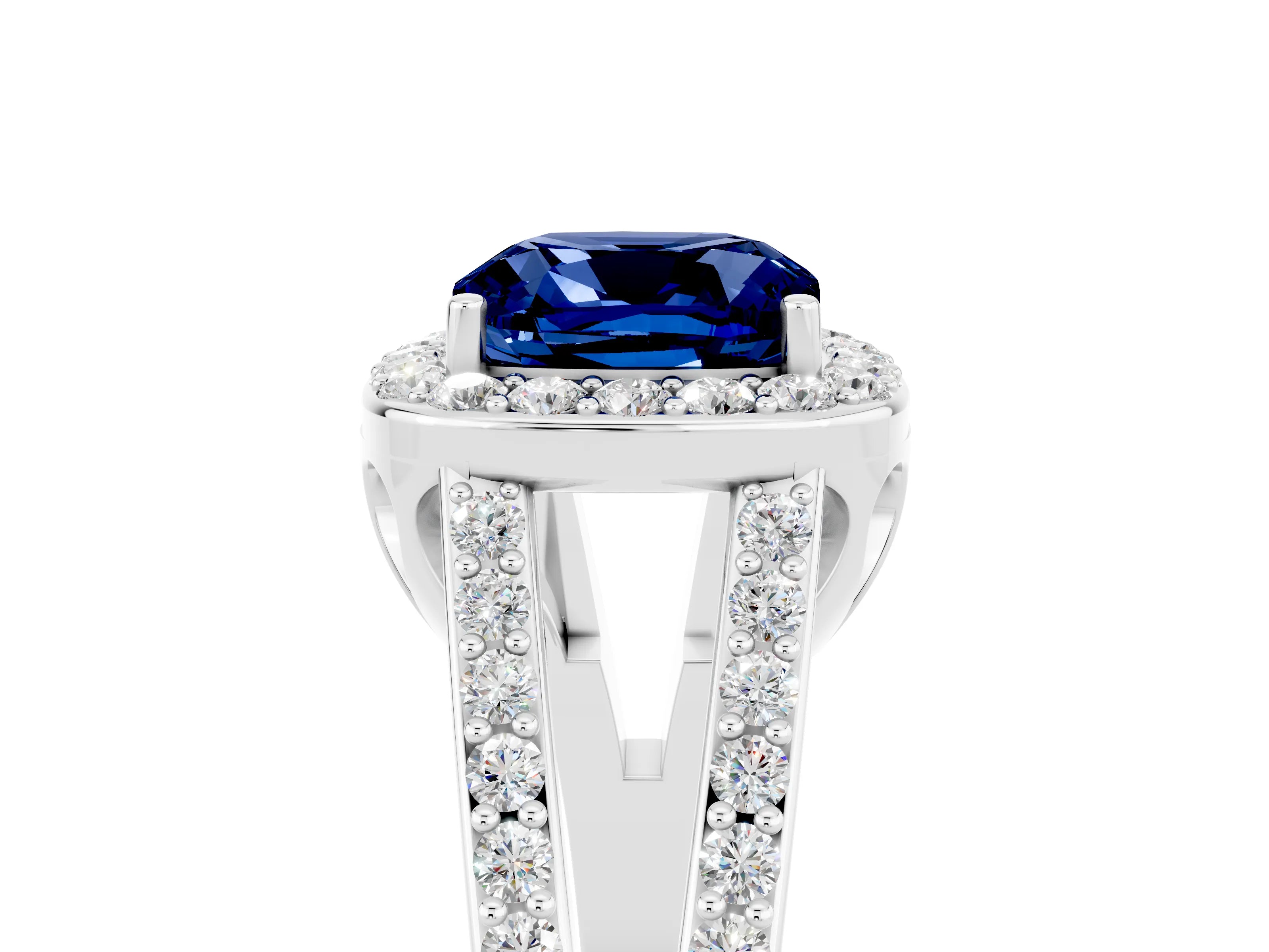 White gold Cushion Cut Blue Sapphire Halo Ring with Split Shank U-Prong Band and Four-Prong Setting_5