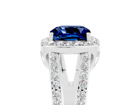White gold Cushion Cut Blue Sapphire Halo Ring with Split Shank U-Prong Band and Four-Prong Setting_5
