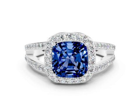 White gold Cushion Cut Blue Sapphire Halo Ring with Split Shank U-Prong Band and Four-Prong Setting