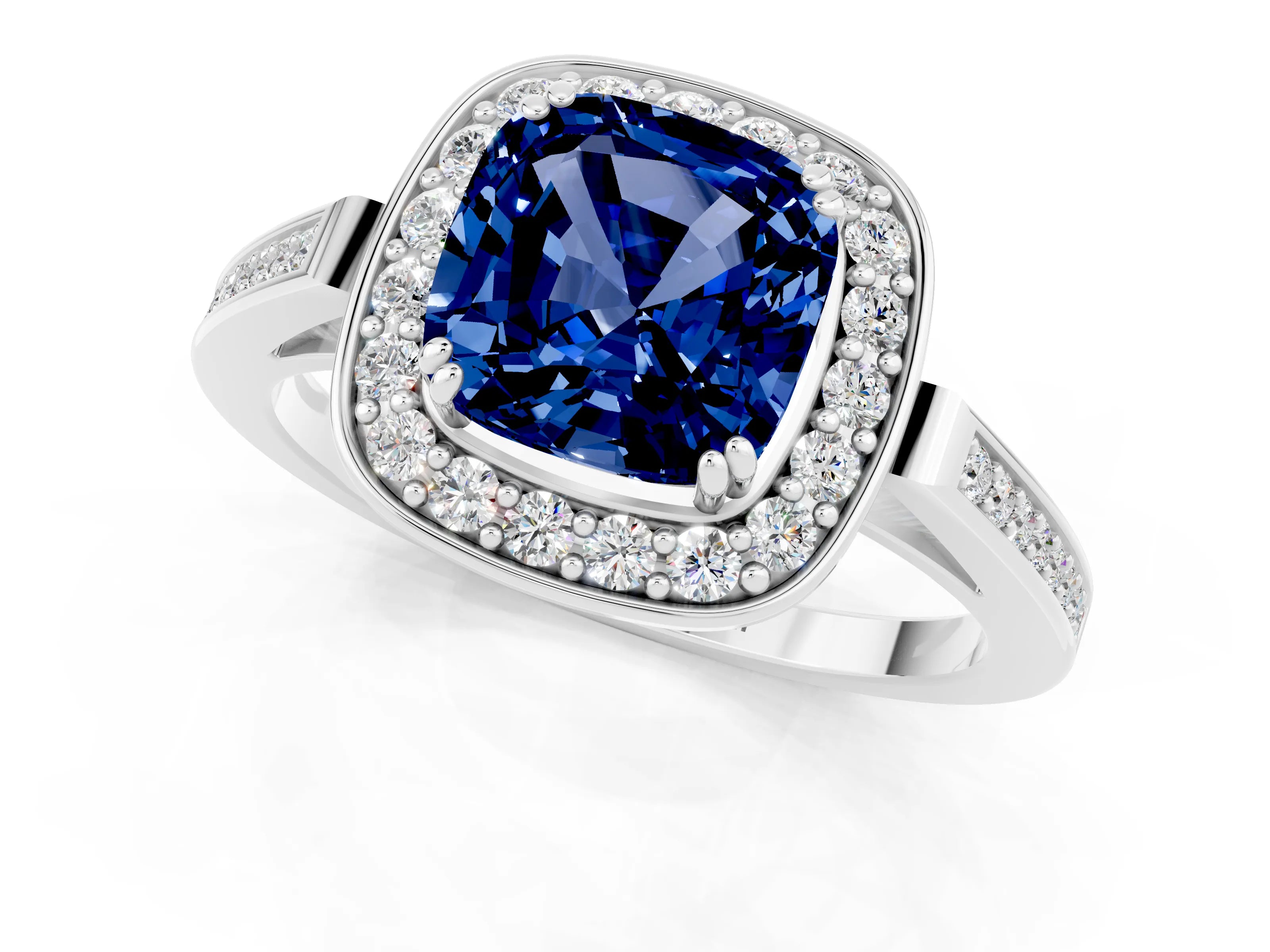 White gold Cushion Cut Blue Sapphire Halo Ring with Split Shank and Four-Prong Setting_1