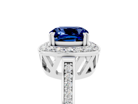 White gold Cushion Cut Blue Sapphire Halo Ring with Split Shank and Four-Prong Setting_12