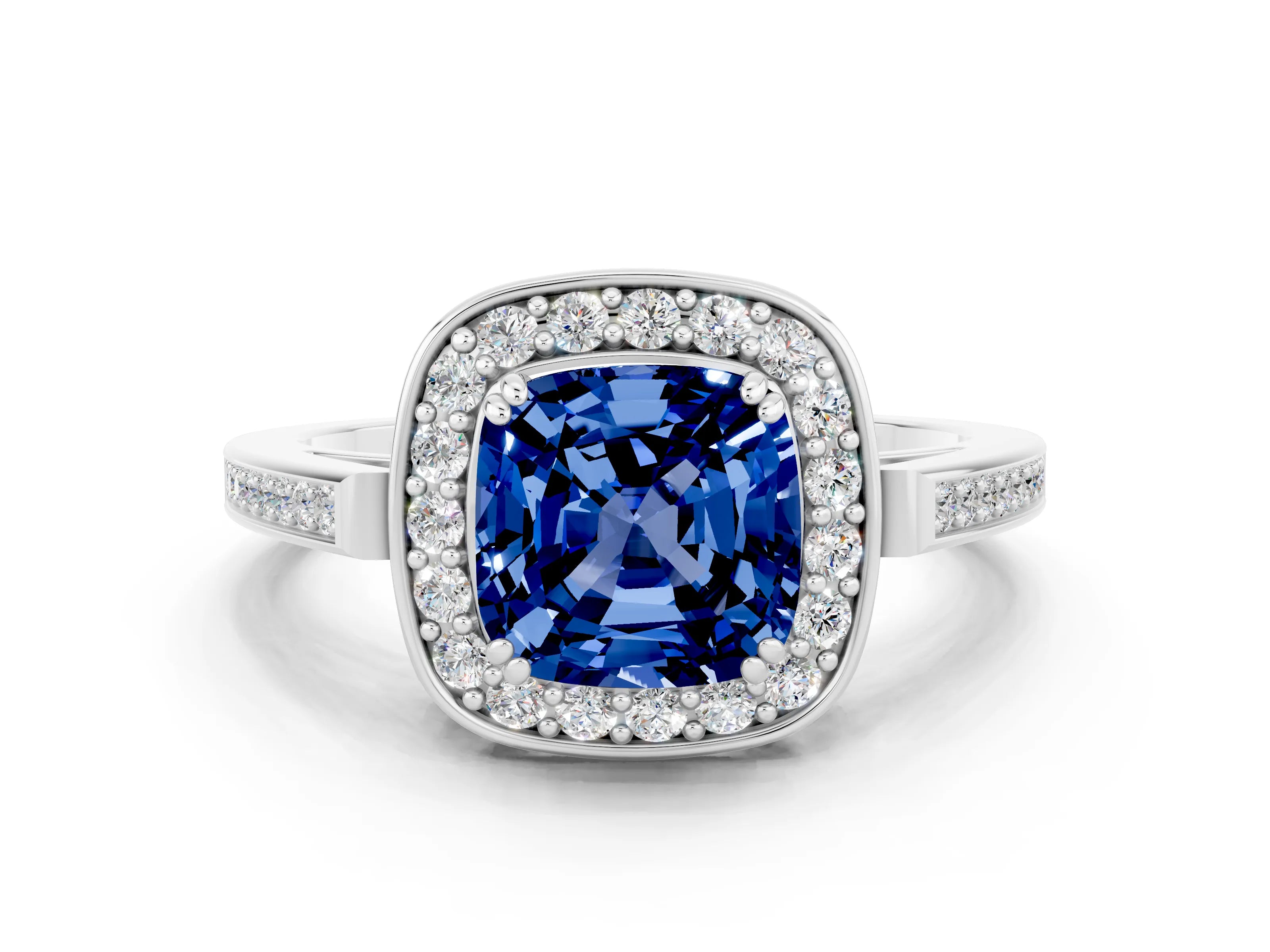 White gold Cushion Cut Blue Sapphire Halo Ring with Split Shank and Four-Prong Setting