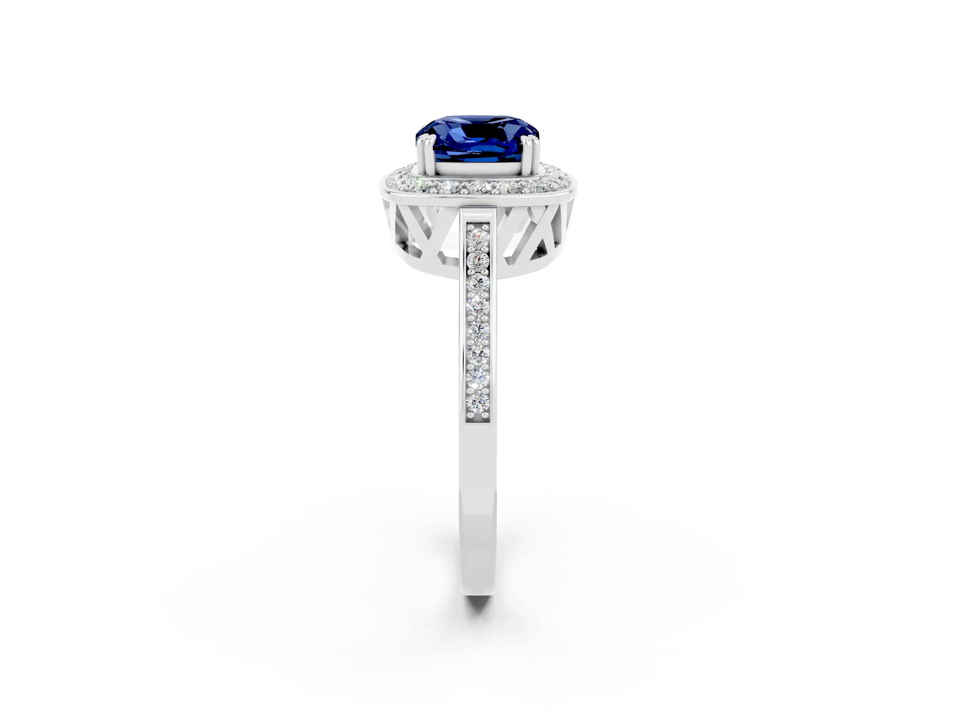White gold Cushion Cut Blue Sapphire Halo Ring with Split Shank and Four-Prong Setting_2