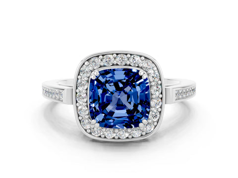 White gold Cushion Cut Blue Sapphire Halo Ring with Split Shank and Four-Prong Setting_24