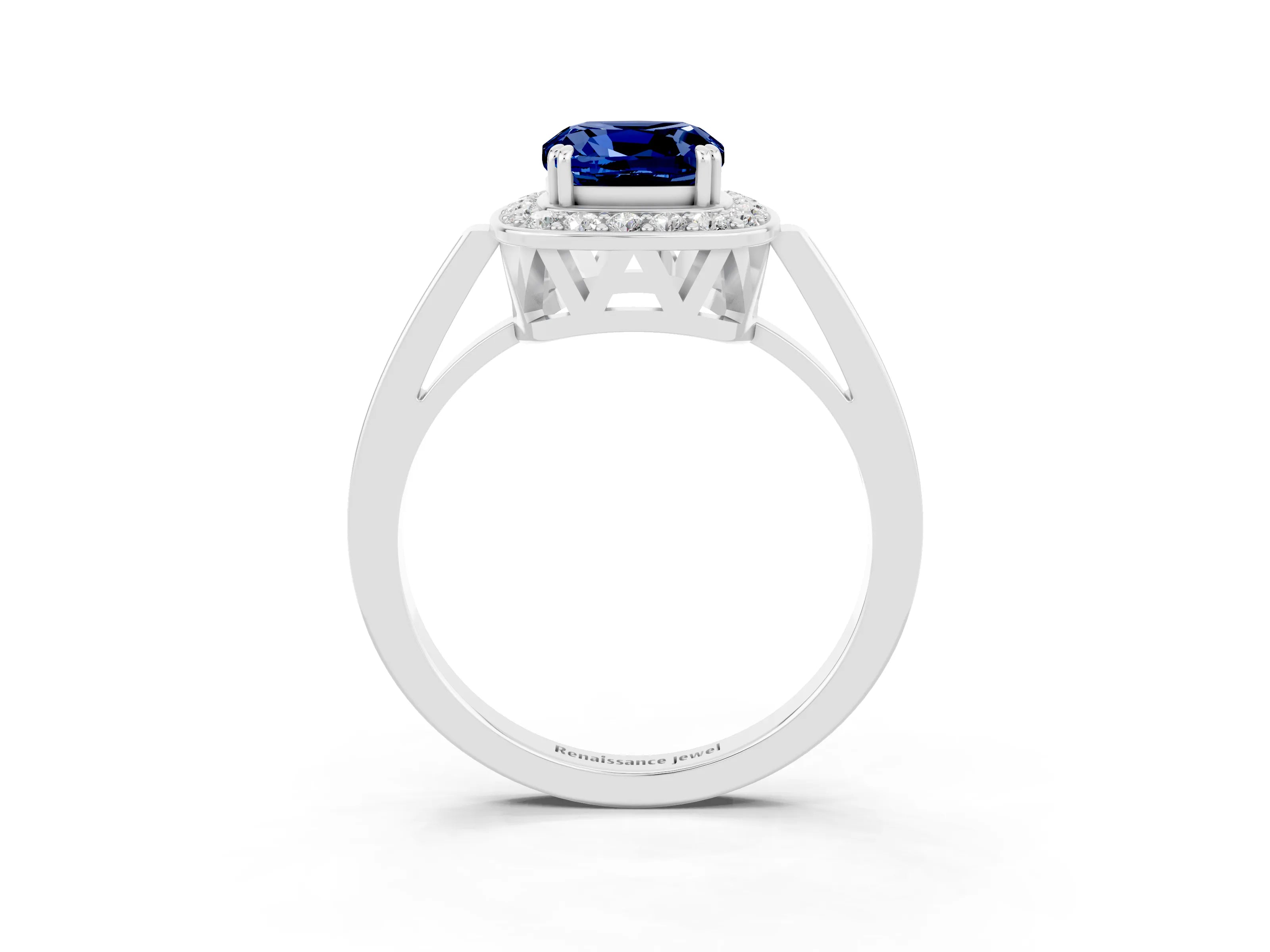 White gold Cushion Cut Blue Sapphire Halo Ring with Split Shank and Four-Prong Setting_27