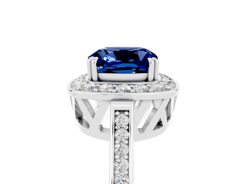White gold Cushion Cut Blue Sapphire Halo Ring with Split Shank and Four-Prong Setting_29