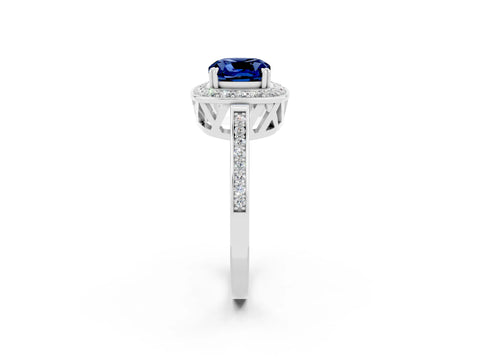 White gold Cushion Cut Blue Sapphire Halo Ring with Split Shank and Four-Prong Setting_2