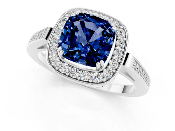 White gold Cushion Cut Blue Sapphire Halo Ring with Split Shank and Four-Prong Setting