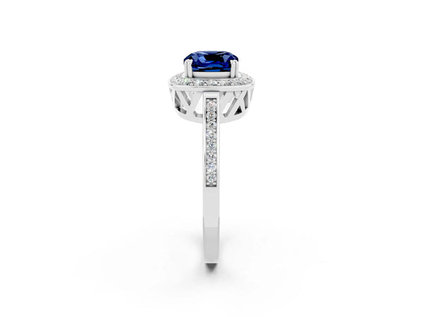 White gold Cushion Cut Blue Sapphire Halo Ring with Split Shank and Four-Prong Setting