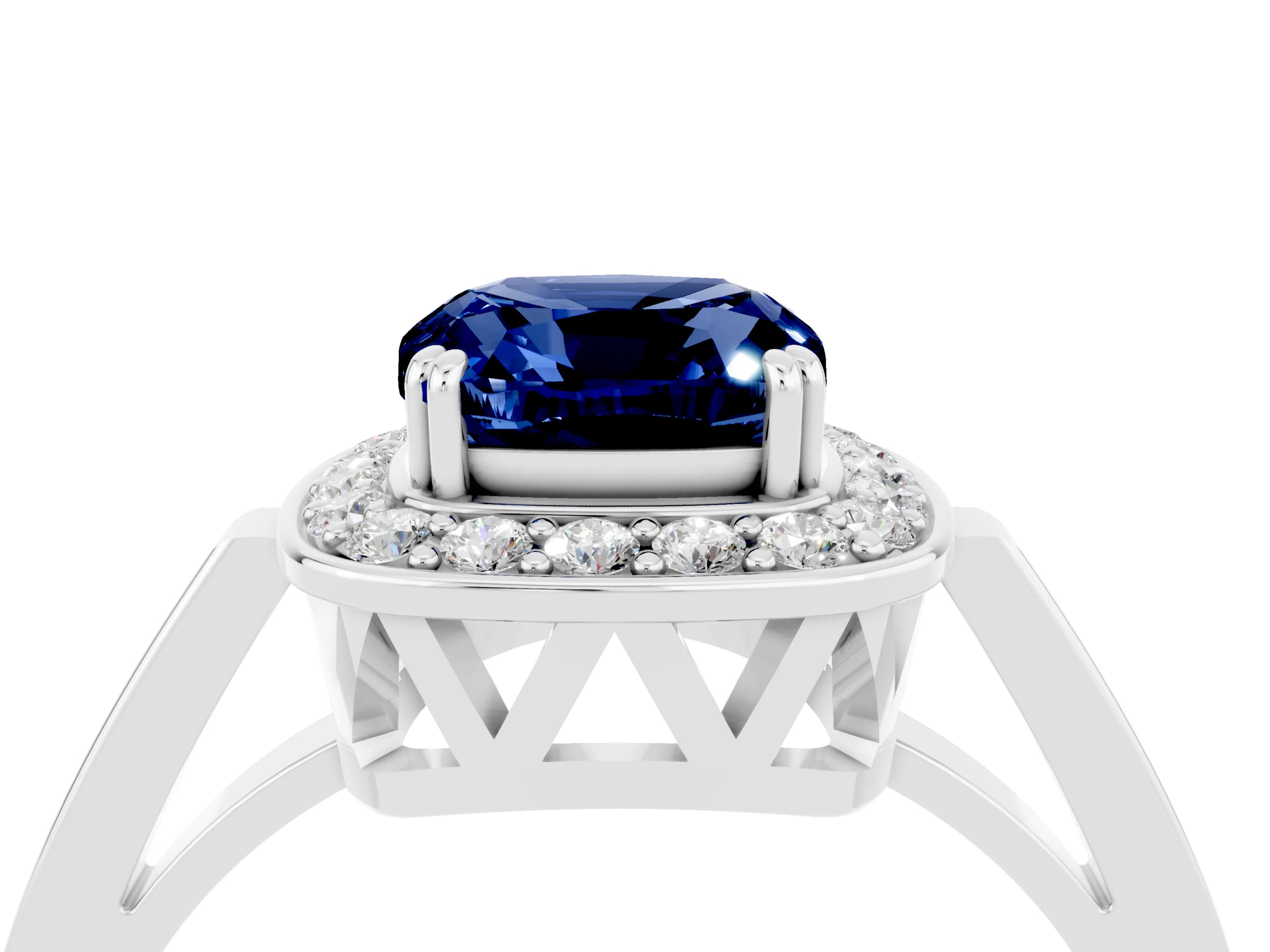 White gold Cushion Cut Blue Sapphire Halo Ring with Split Shank and Four-Prong Setting_4