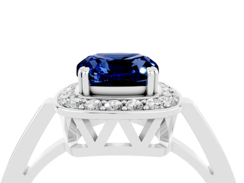 White gold Cushion Cut Blue Sapphire Halo Ring with Split Shank and Four-Prong Setting_4