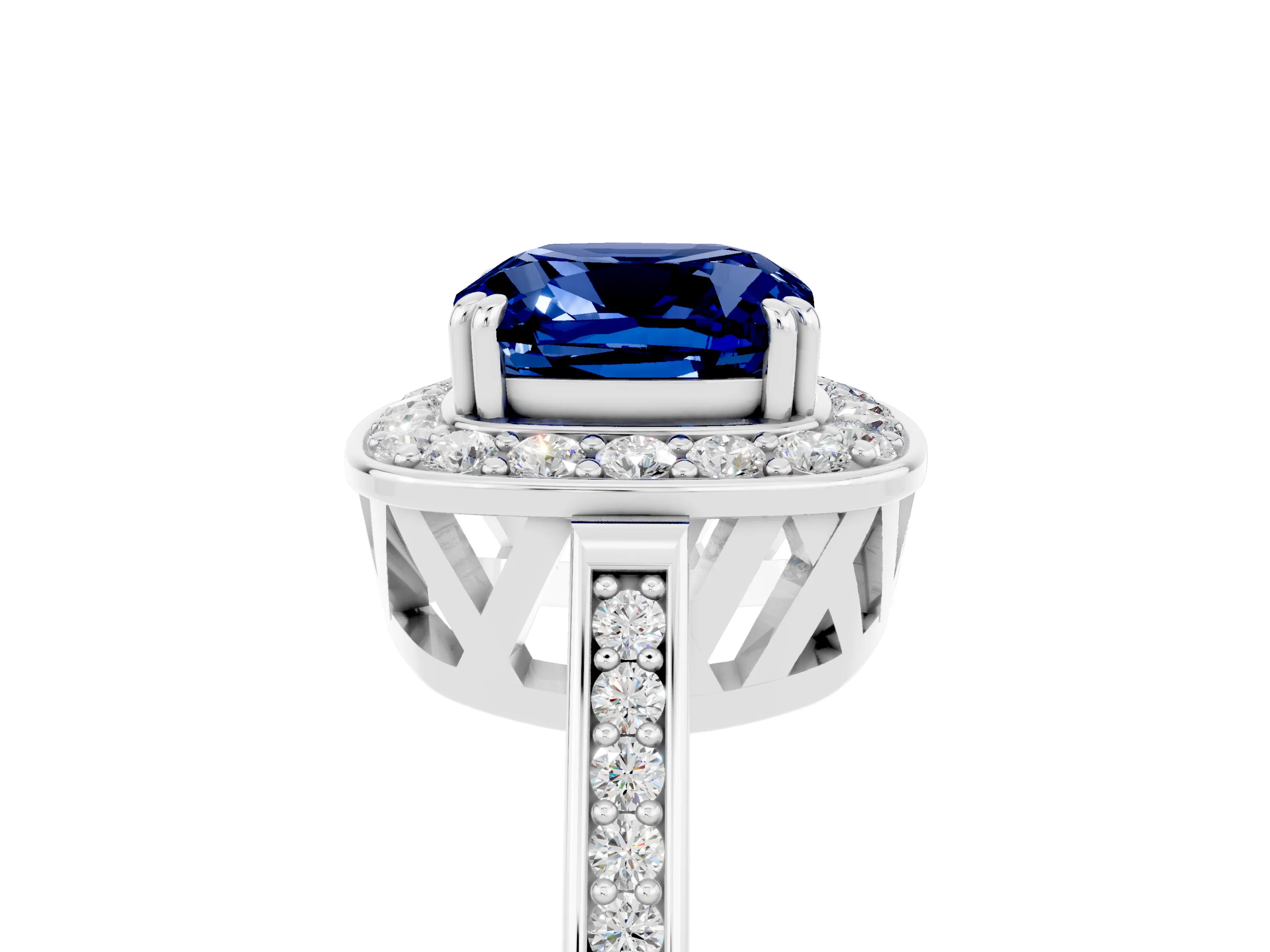 White gold Cushion Cut Blue Sapphire Halo Ring with Split Shank and Four-Prong Setting_5