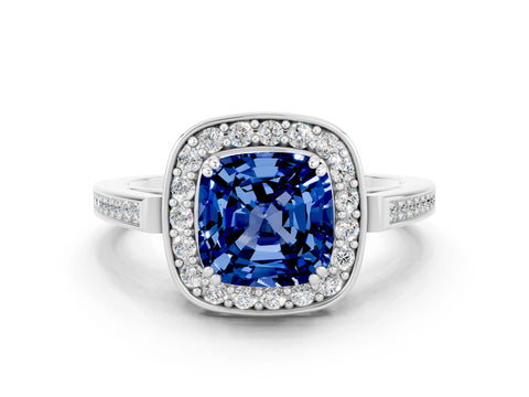 White gold Cushion Cut Blue Sapphire Halo Ring with Split Shank and Four-Prong Setting_6