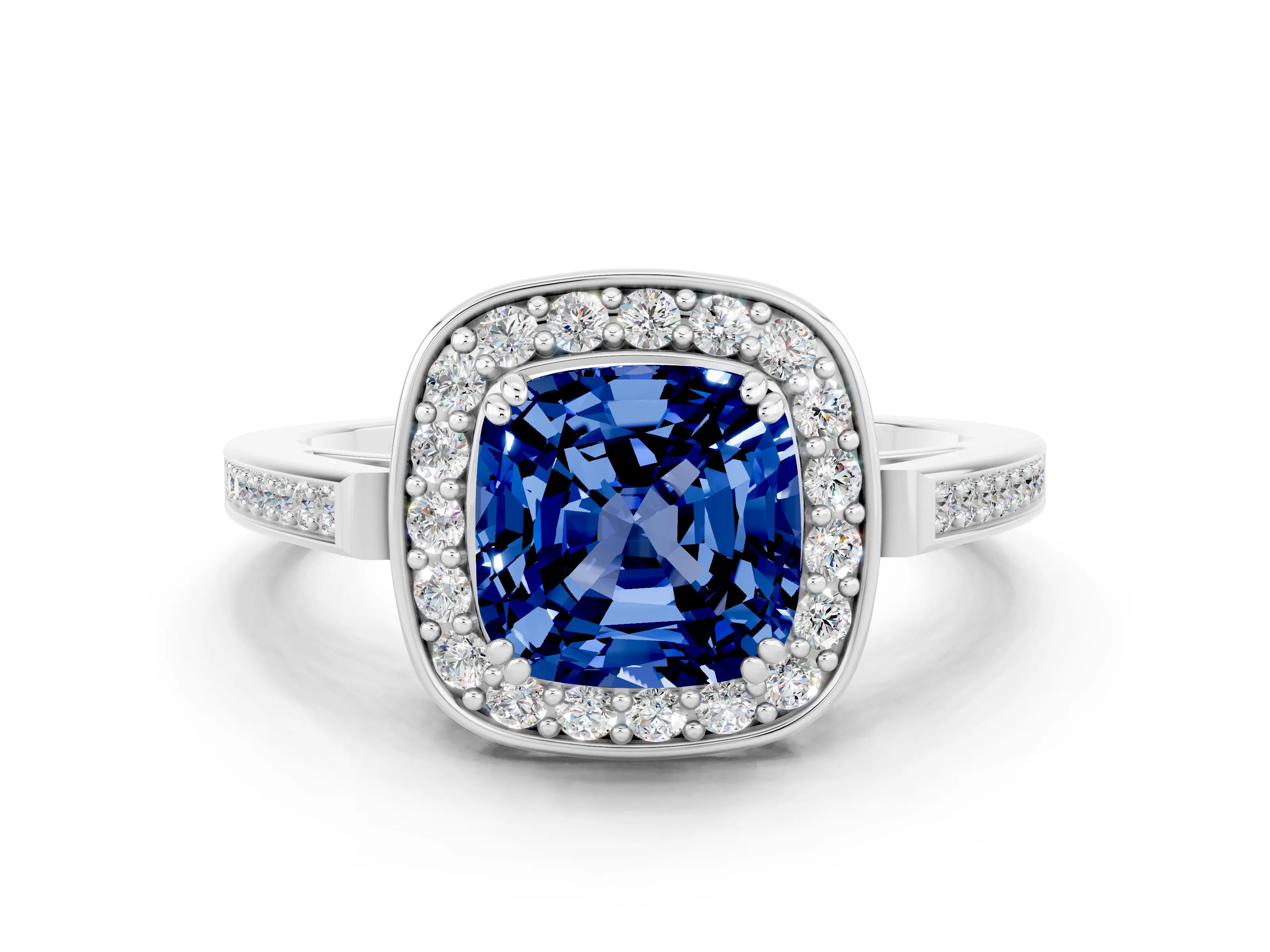 White gold Cushion Cut Blue Sapphire Halo Ring with Split Shank and Four-Prong Setting_7