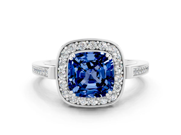 Platinum Cushion Cut Blue Sapphire Halo Ring with Split Shank and Four-Prong Setting