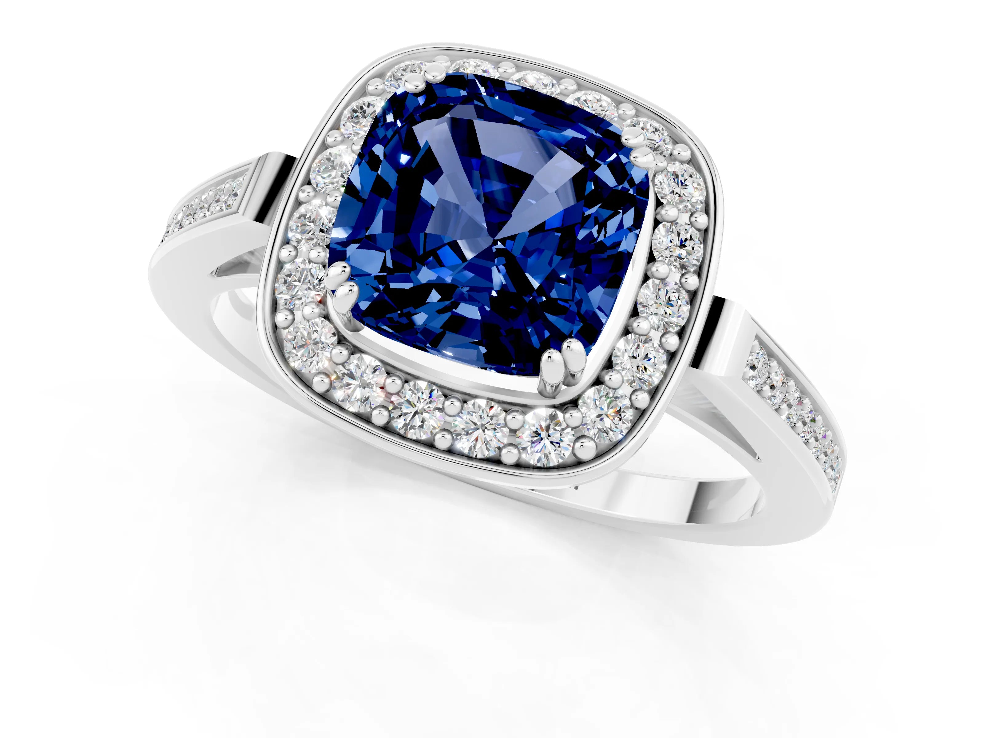 White gold Cushion Cut Blue Sapphire Halo Ring with Split Shank and Four-Prong Setting_8