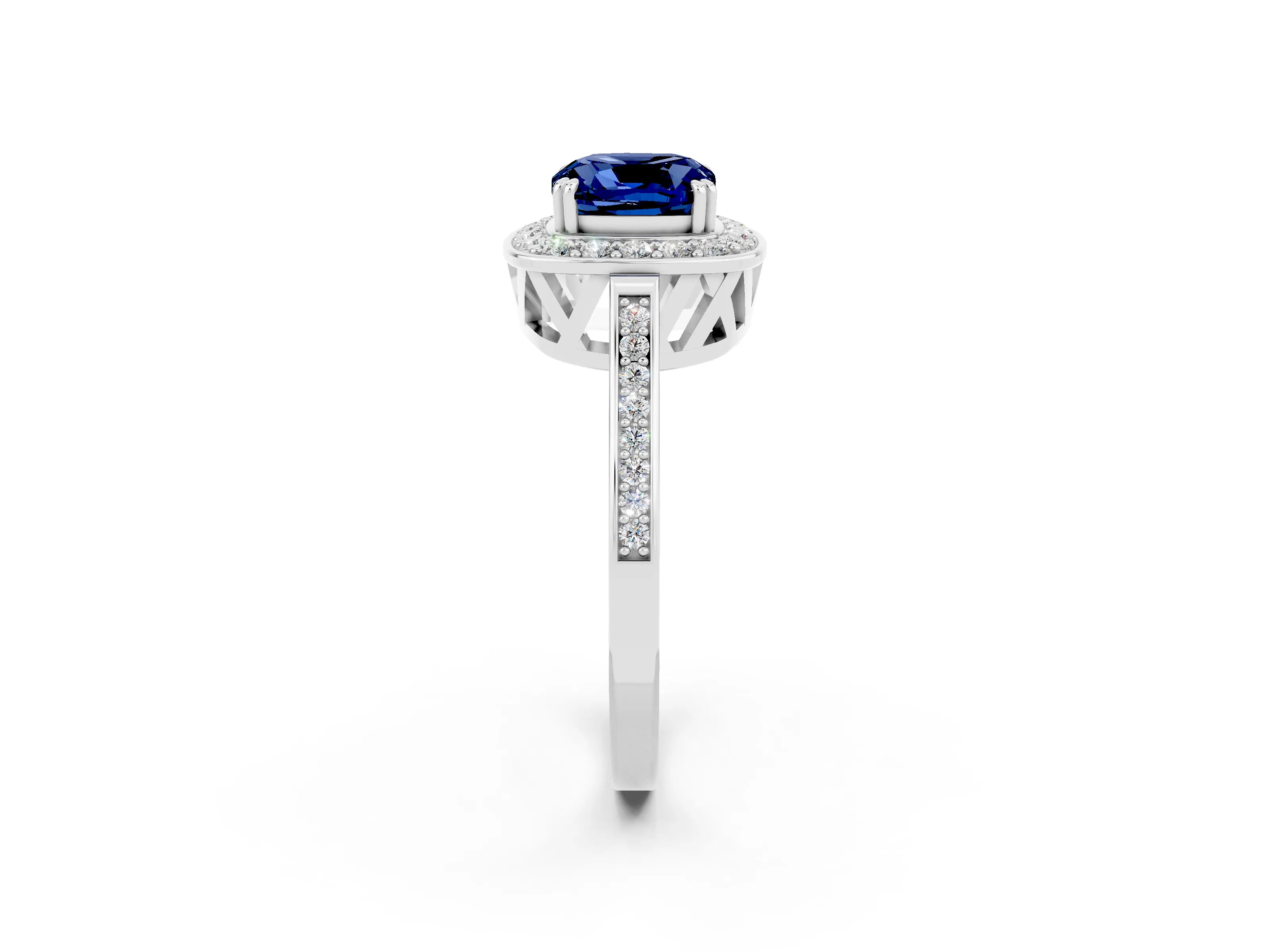 White gold Cushion Cut Blue Sapphire Halo Ring with Split Shank and Four-Prong Setting_9