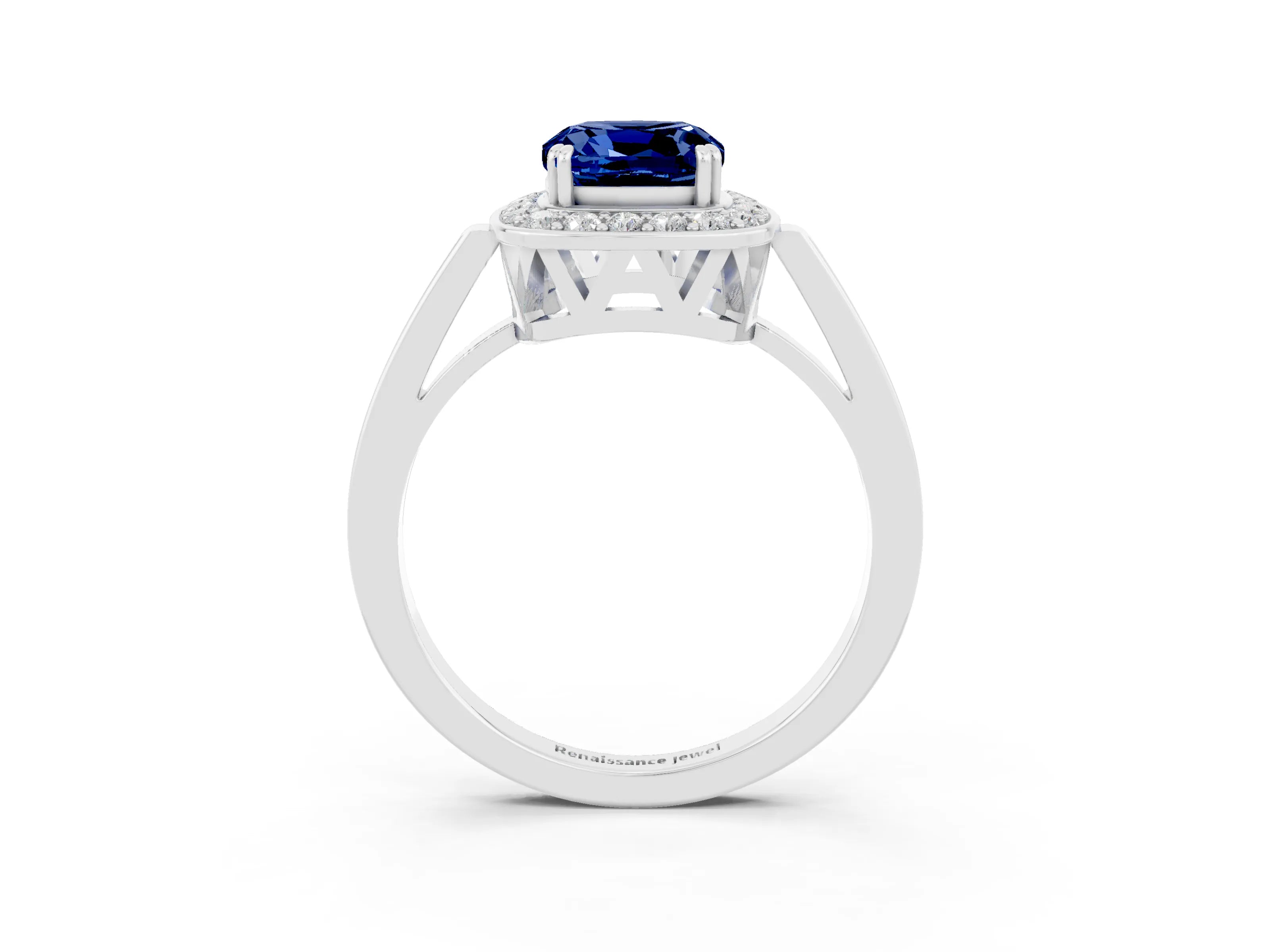 White gold Cushion Cut Blue Sapphire Halo Ring with Split Shank and Four-Prong Setting_9