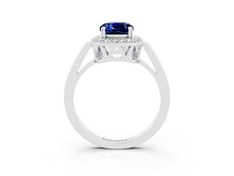 White gold Cushion Cut Blue Sapphire Halo Ring with Split Shank and Four-Prong Setting_9