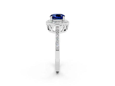 White gold Cushion Cut Blue Sapphire Halo Ring with Split Shank and Four-Prong Setting_9