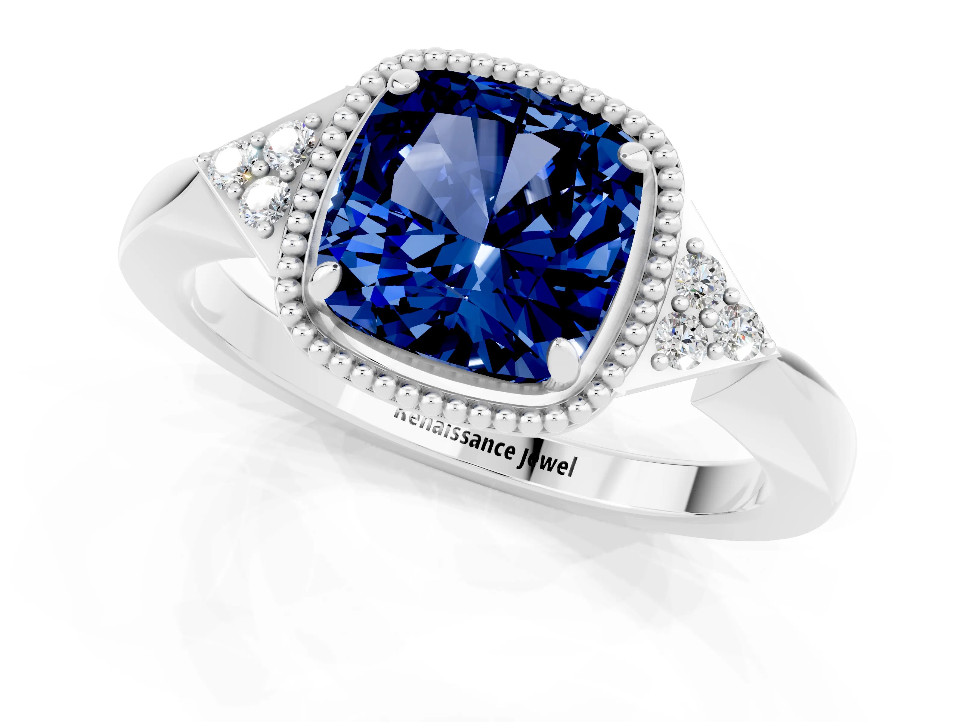 White gold Cushion Cut Blue Sapphire Halo Ring with Tapered Band and Four-Prong Setting_1