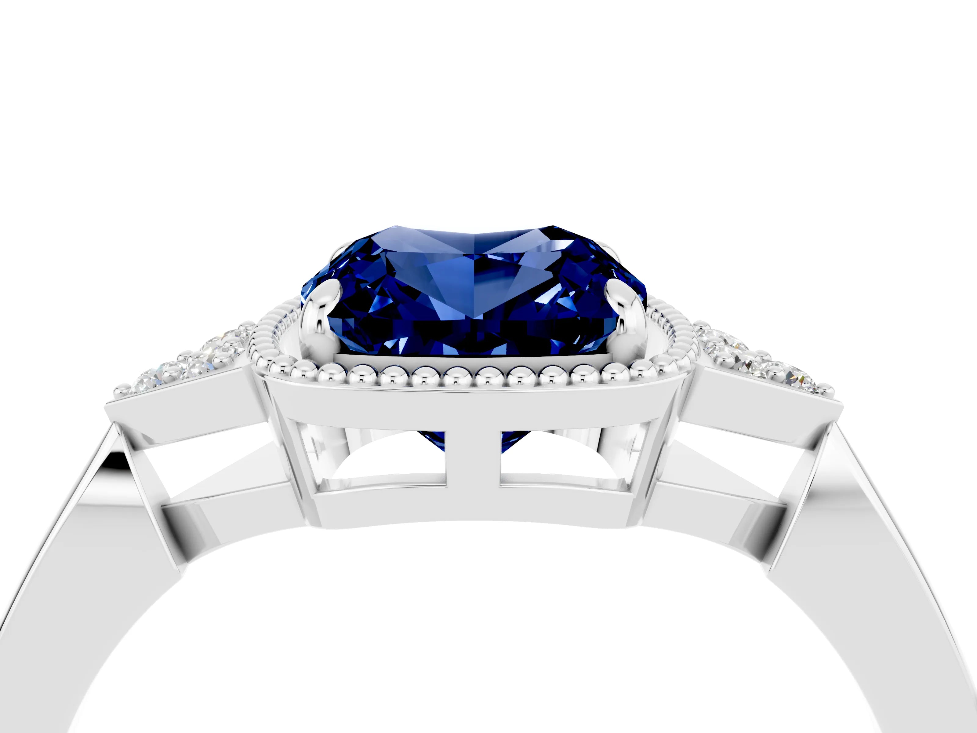 White gold Cushion Cut Blue Sapphire Halo Ring with Tapered Band and Four-Prong Setting_4