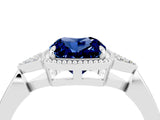 White gold Cushion Cut Blue Sapphire Halo Ring with Tapered Band and Four-Prong Setting_4