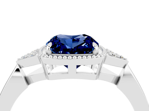White gold Cushion Cut Blue Sapphire Halo Ring with Tapered Band and Four-Prong Setting_4