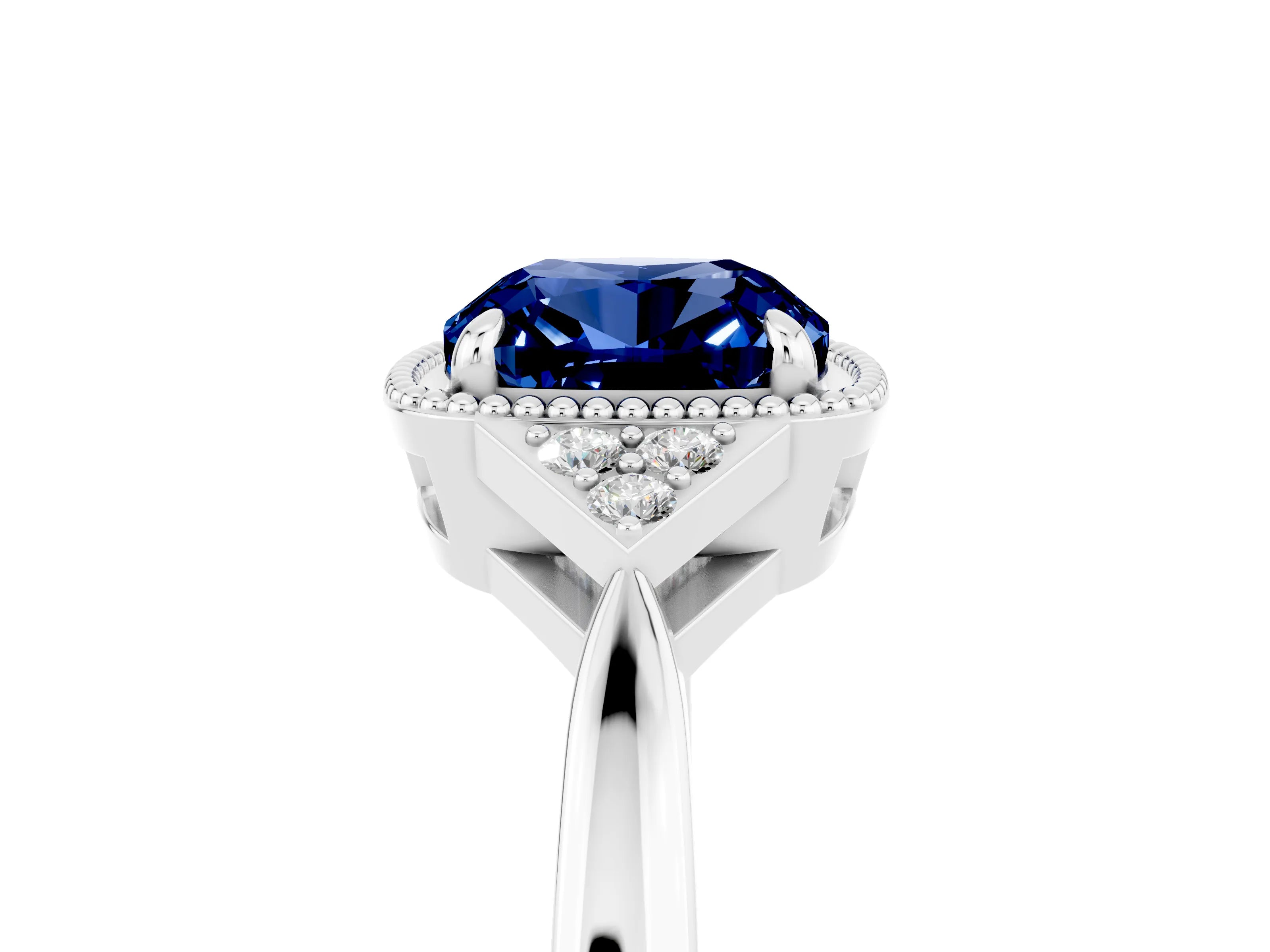 White gold Cushion Cut Blue Sapphire Halo Ring with Tapered Band and Four-Prong Setting_5