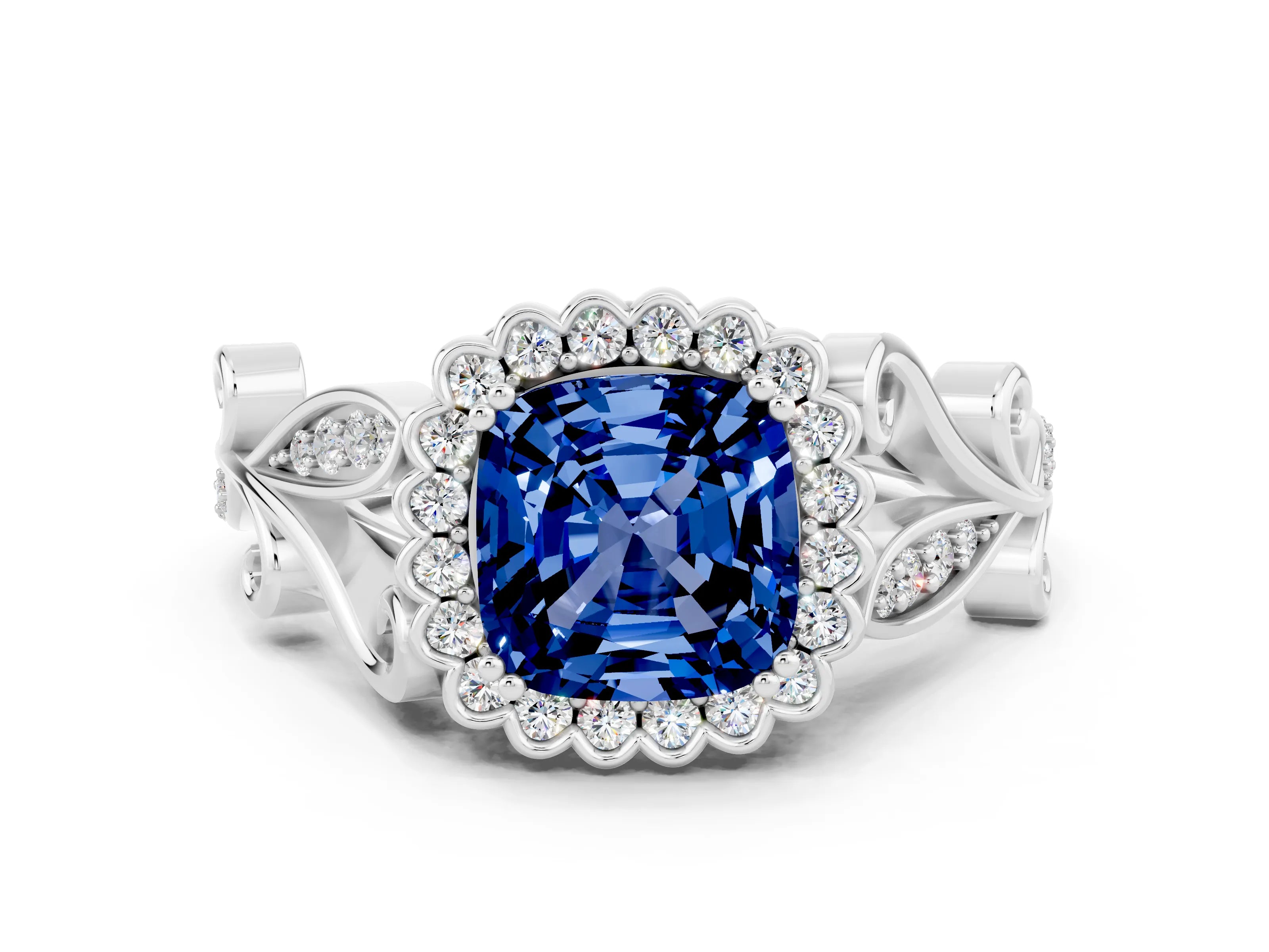 White gold Cushion Cut Blue Sapphire Halo Ring with Vintage Split Shank and Four-Prong Setting_24