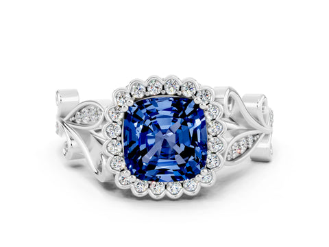 White gold Cushion Cut Blue Sapphire Halo Ring with Vintage Split Shank and Four-Prong Setting_24