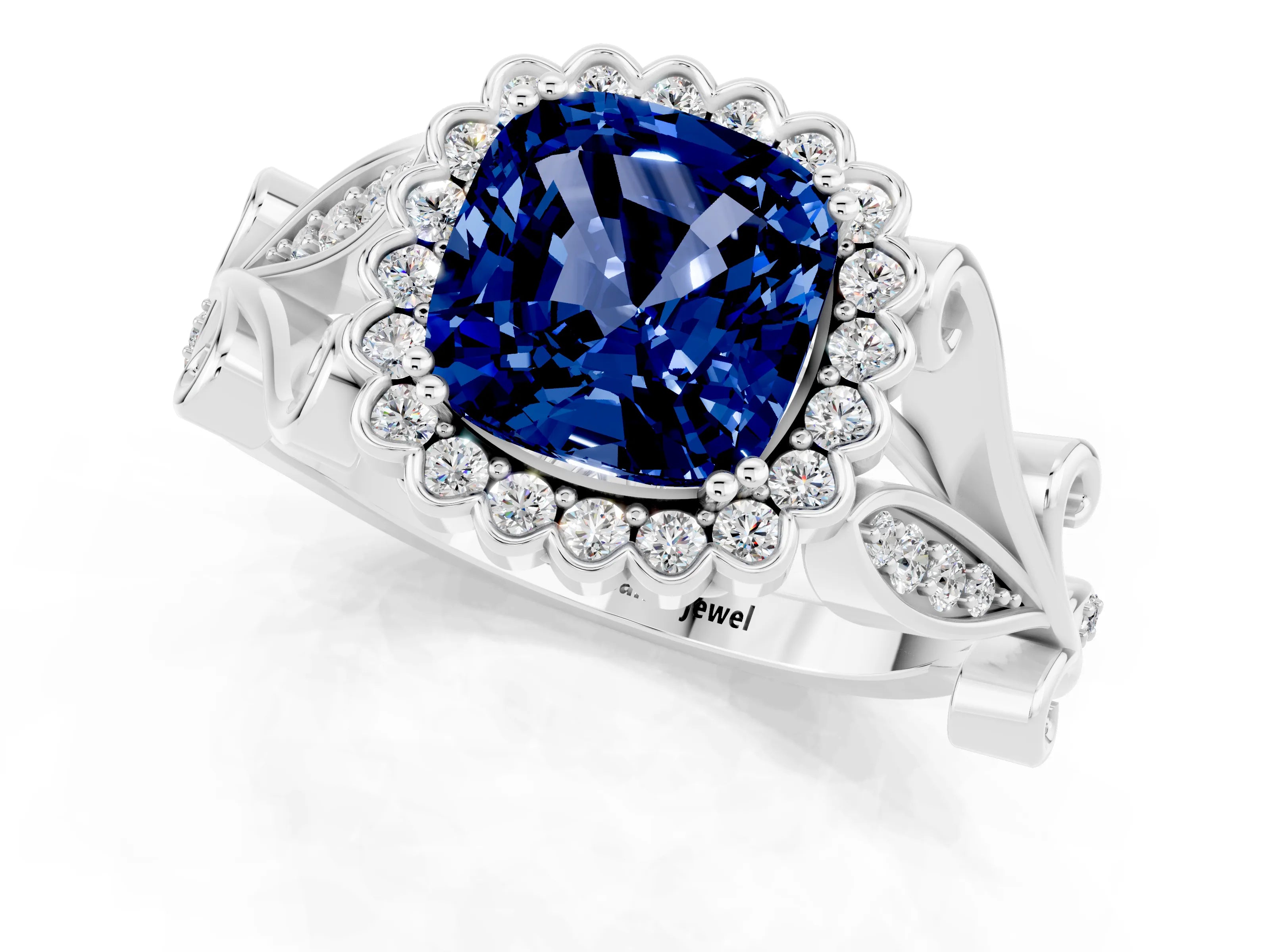 White gold Cushion Cut Blue Sapphire Halo Ring with Vintage Split Shank and Four-Prong Setting_25