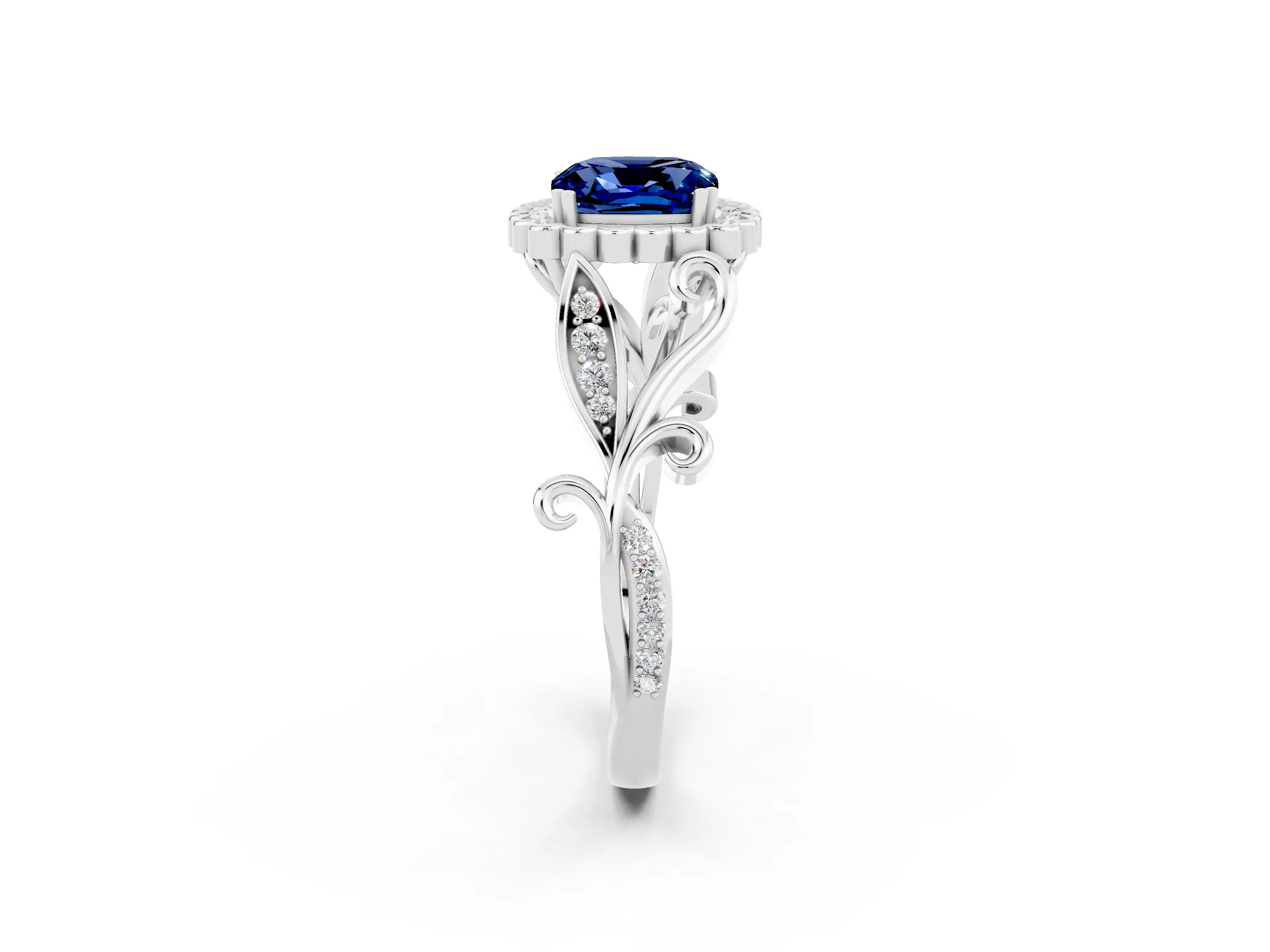 White gold Cushion Cut Blue Sapphire Halo Ring with Vintage Split Shank and Four-Prong Setting_26