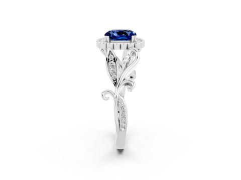 White gold Cushion Cut Blue Sapphire Halo Ring with Vintage Split Shank and Four-Prong Setting_26
