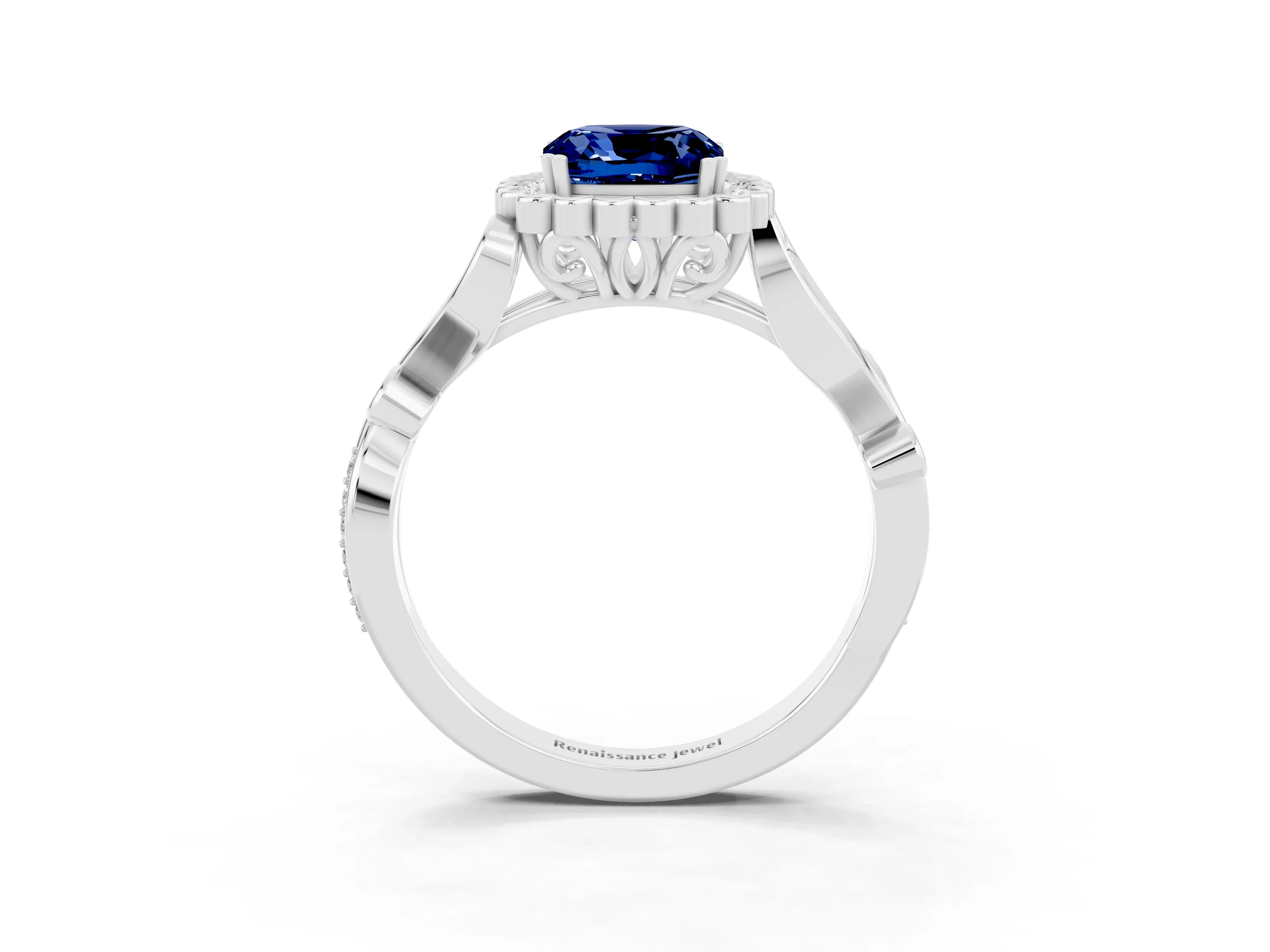White gold Cushion Cut Blue Sapphire Halo Ring with Vintage Split Shank and Four-Prong Setting_27