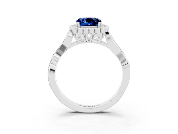 White gold Cushion Cut Blue Sapphire Halo Ring with Vintage Split Shank and Four-Prong Setting