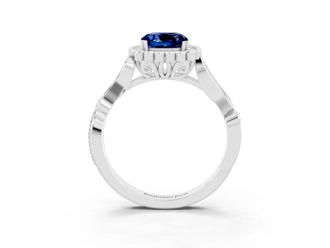 White gold Cushion Cut Blue Sapphire Halo Ring with Vintage Split Shank and Four-Prong Setting_27