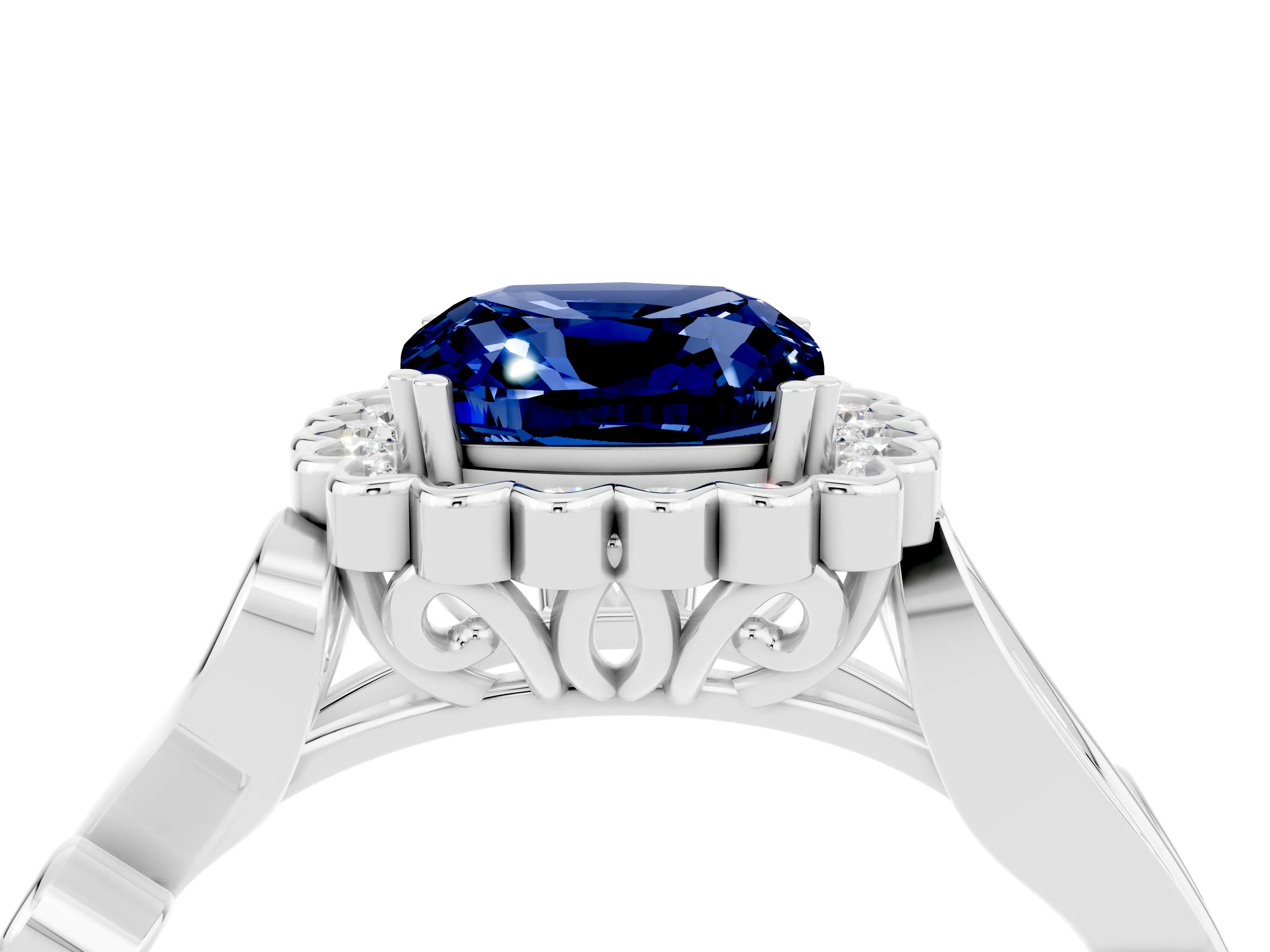 White gold Cushion Cut Blue Sapphire Halo Ring with Vintage Split Shank and Four-Prong Setting_28